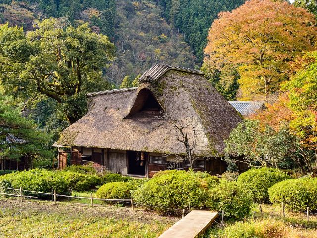 田舎の茅葺き屋根の家